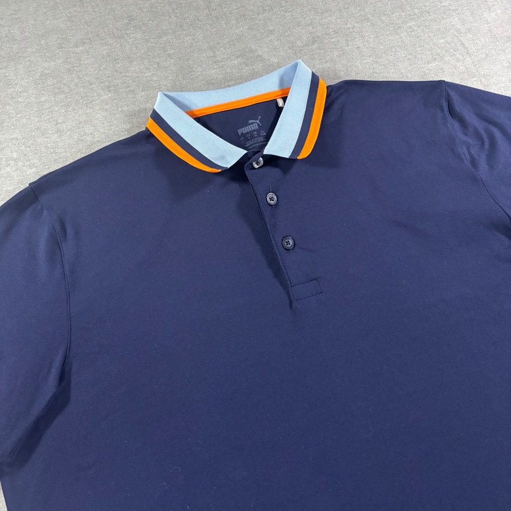 Puma Mens Large Navy Blue Performance Golf Polo Shirt Orange Blue Trim 598810-02